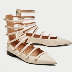 ZARA NUDE MULTI STRAPS FAUX PEARLS BALLERINA FLATS